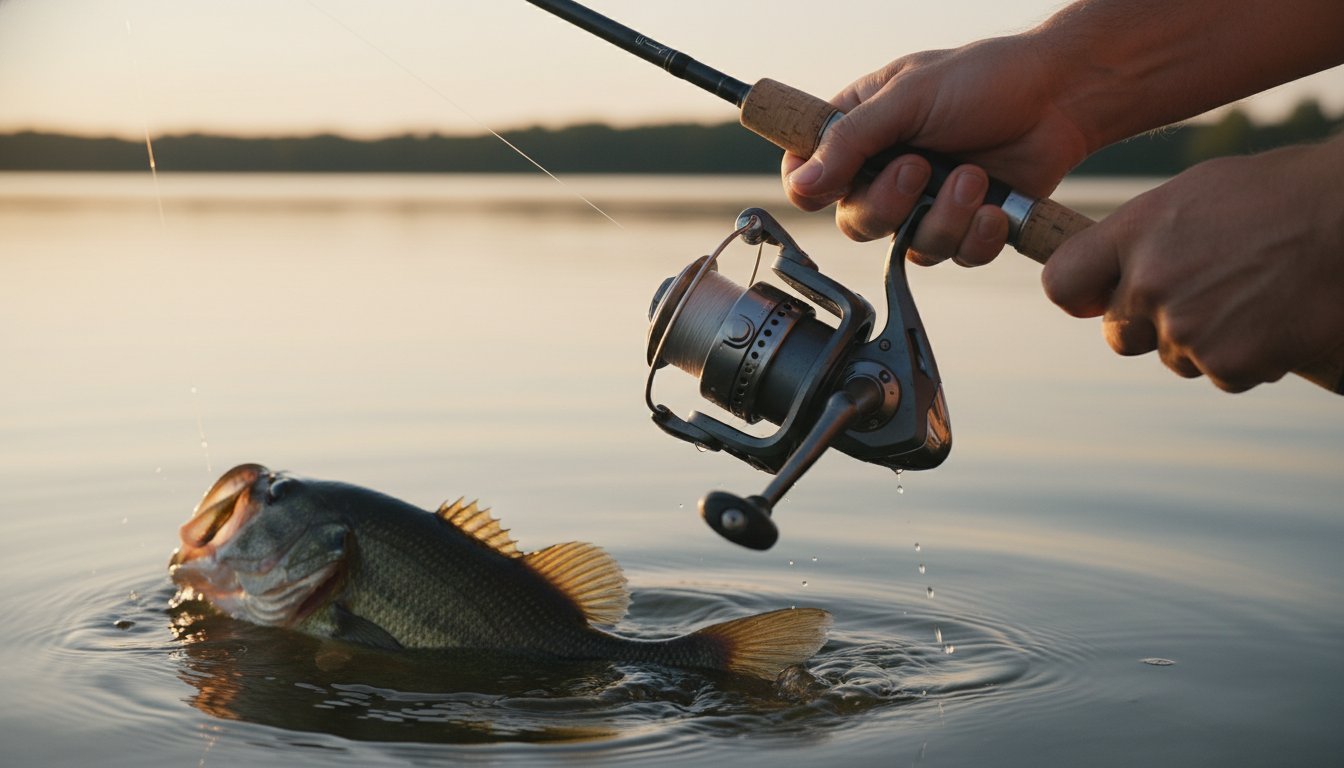 Angler holding a budget graphite spinning reel while catching a largemouth bass at golden hour on a lake