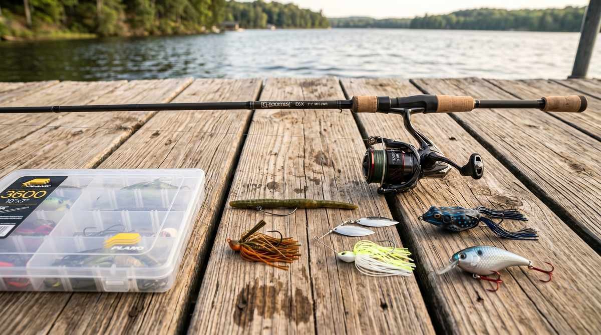 Flat lay of essential bass fishing gear including a spinning rod and reel, soft plastic worm, jig, spinnerbait, topwater frog, and crankbait