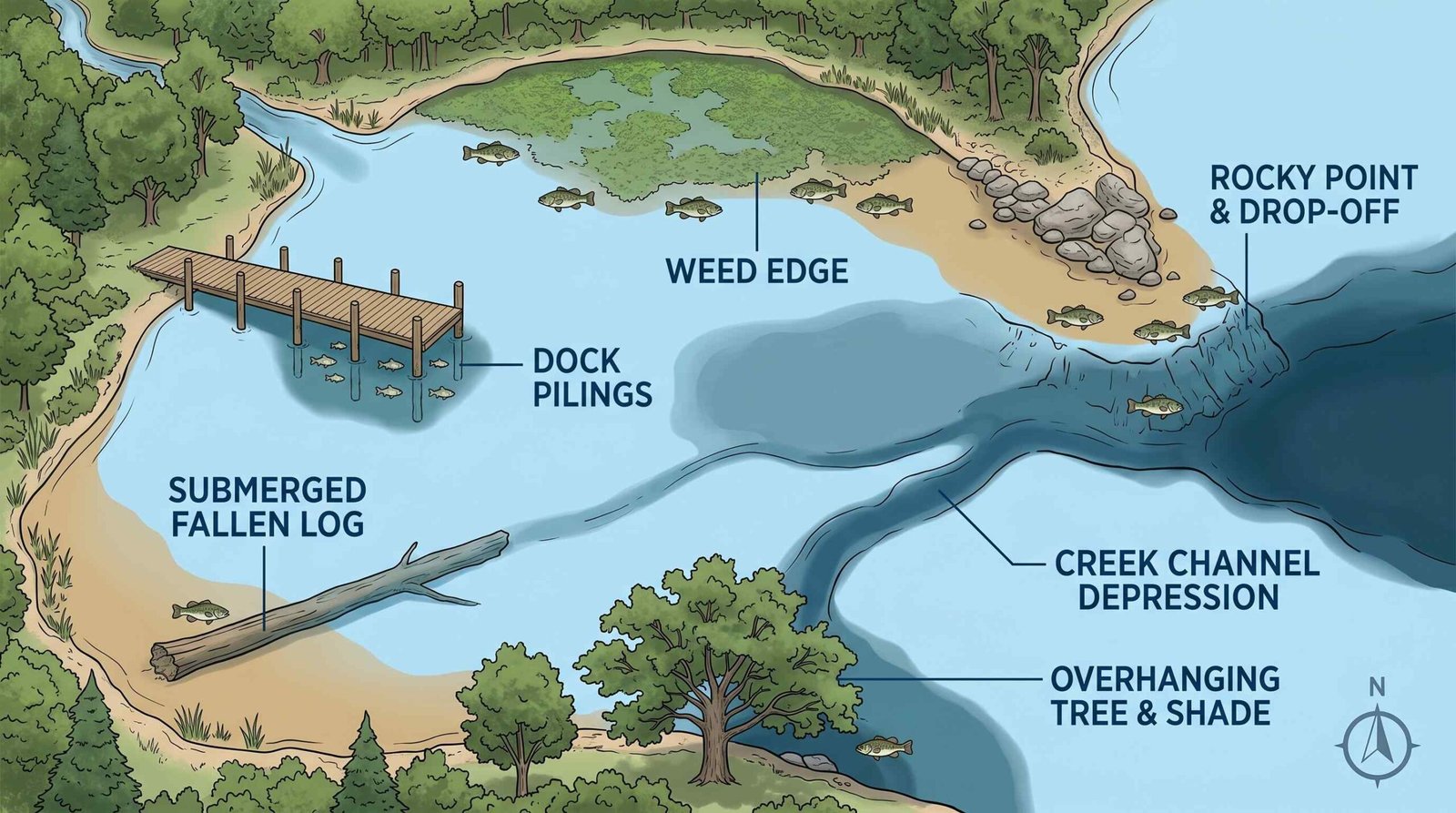 Illustrated lake diagram showing key bass hiding spots including submerged logs, weed edges, dock pilings, rocky points, and creek channels