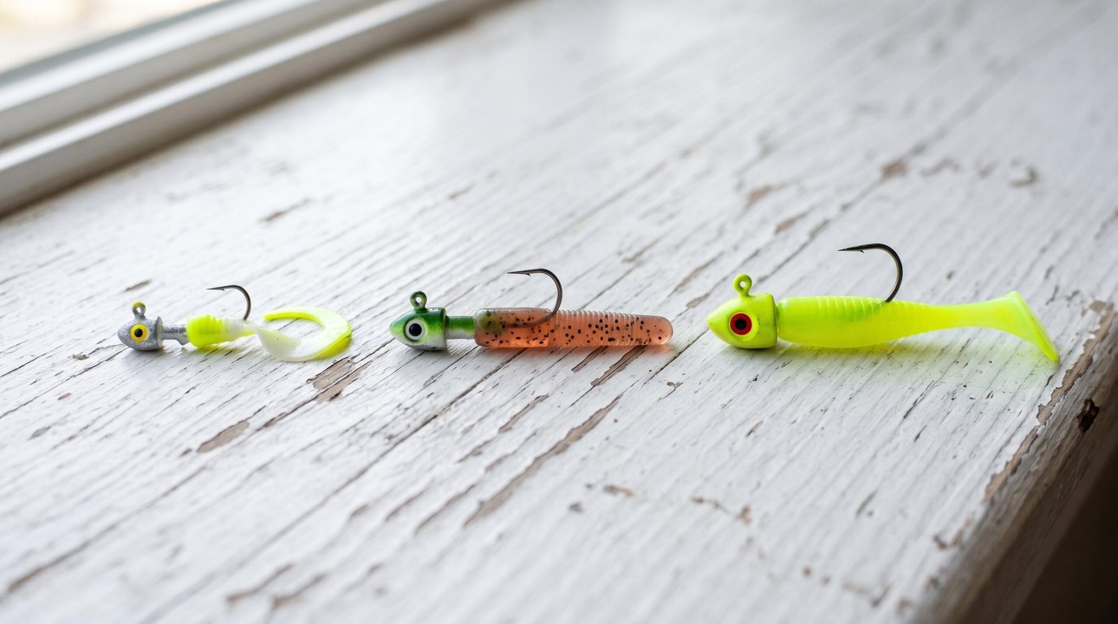 Three crappie jig color options for different water clarity - chartreuse for muddy, natural for clear, white for stained