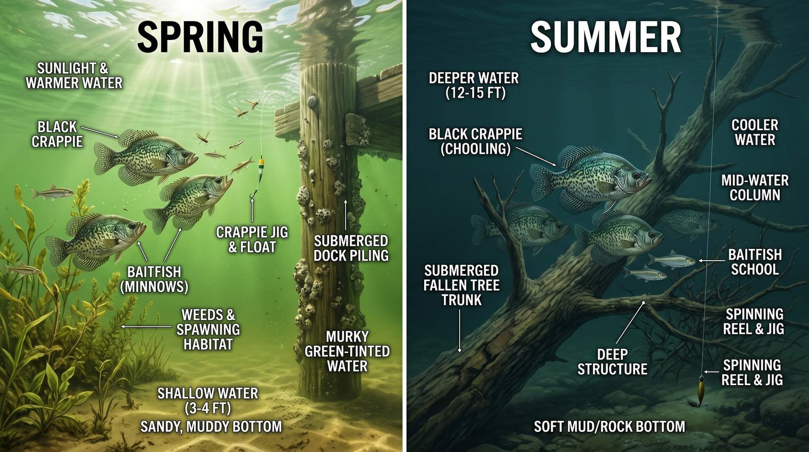 Split scene showing crappie location in spring near shallow dock pilings and in summer at deeper 12-15 foot depth near submerged timber