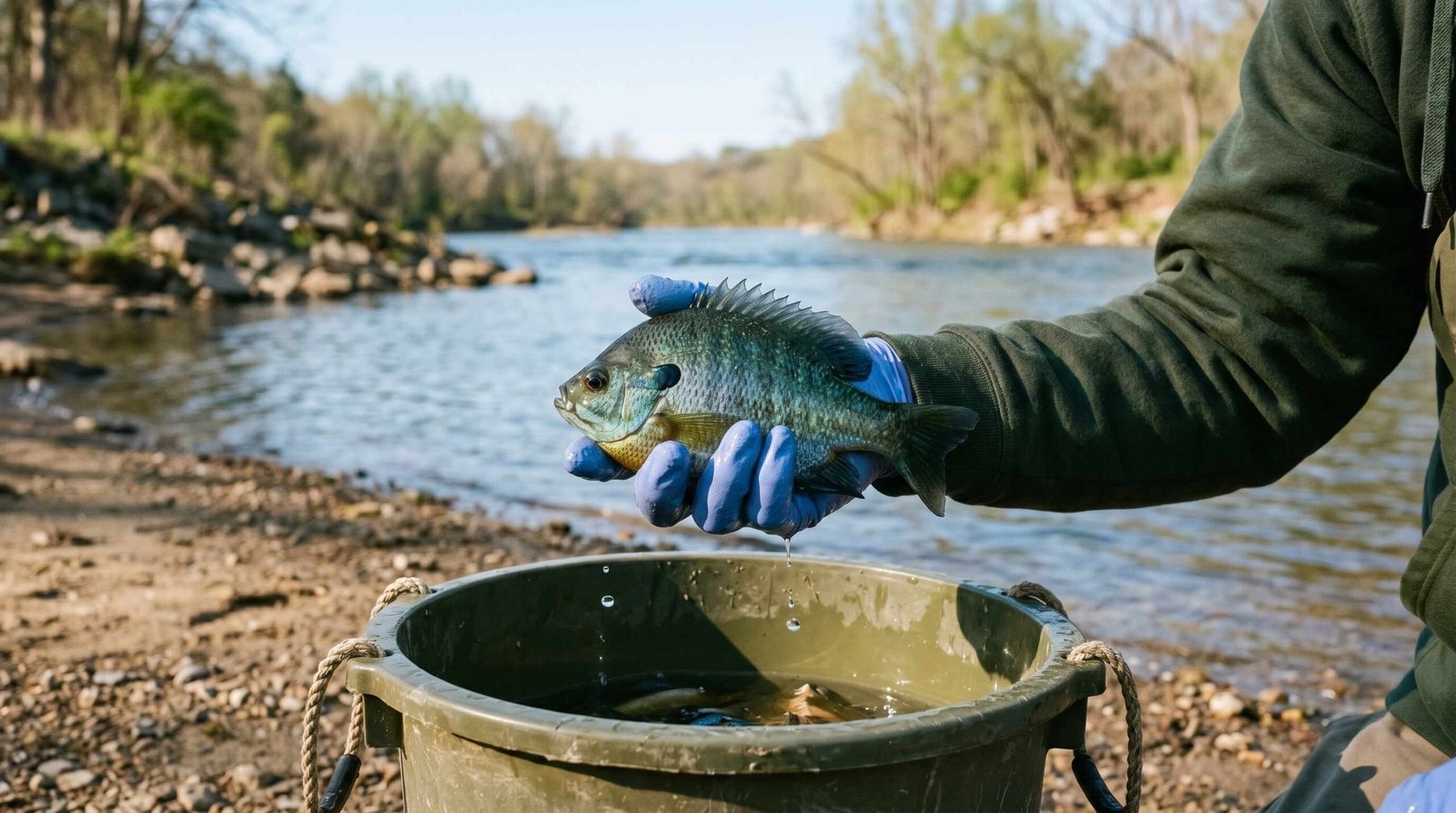Live Bluegill Bait for Flathead Catfish A live bluegill fish held above a fishing bucket, ready to be used as bait for flathead catfish