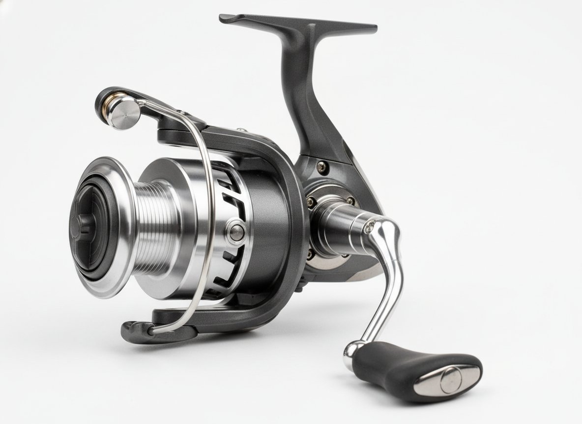 Close-up of spinning reel showing drag knob, bail, line roller, and handle for beginners learning reel anatomy