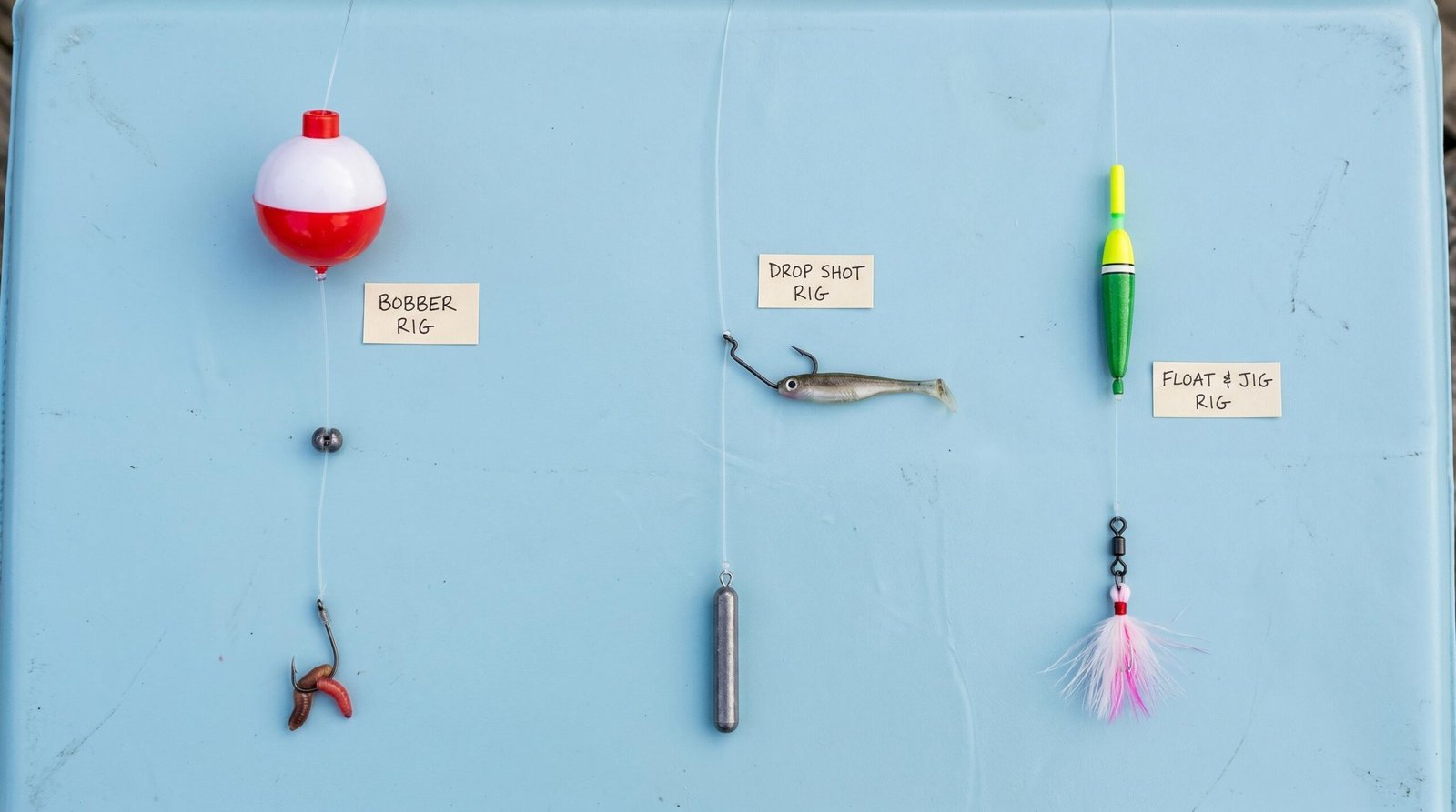 Side-by-side comparison of three bluegill fishing rigs: classic bobber rig, drop shot rig, and float-and-jig setup