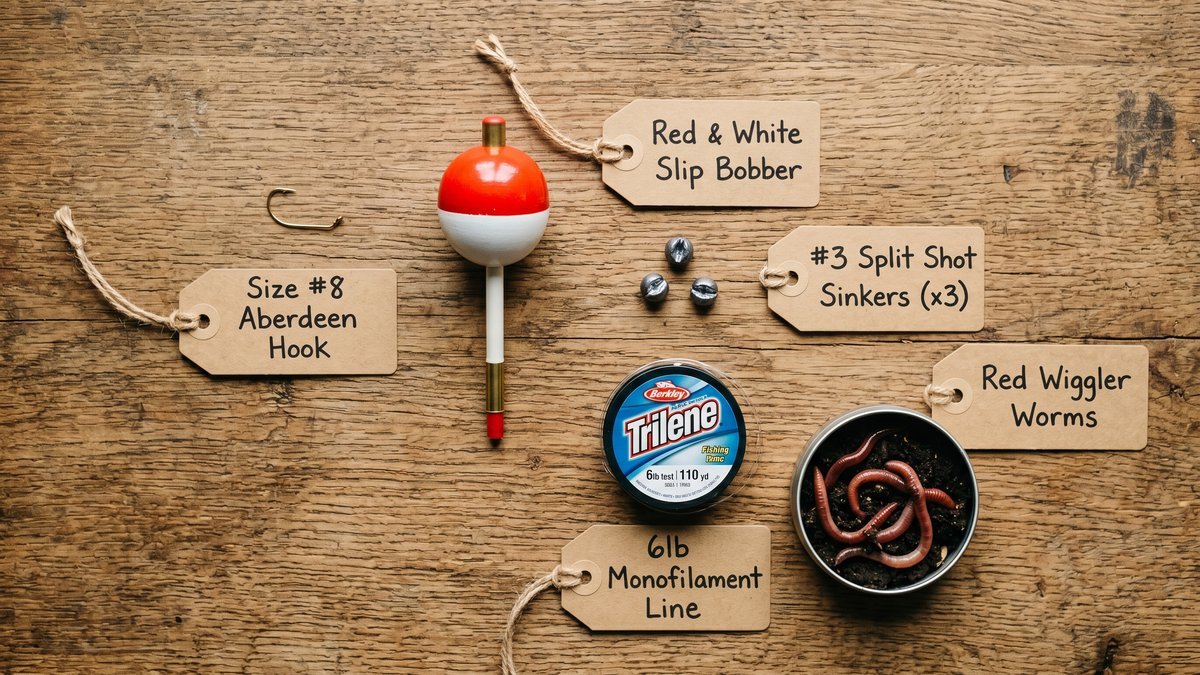 Bluegill fishing tackle setup showing hook size 8, slip bobber, split shot sinkers, 6lb monofilament line, and red wiggler worms