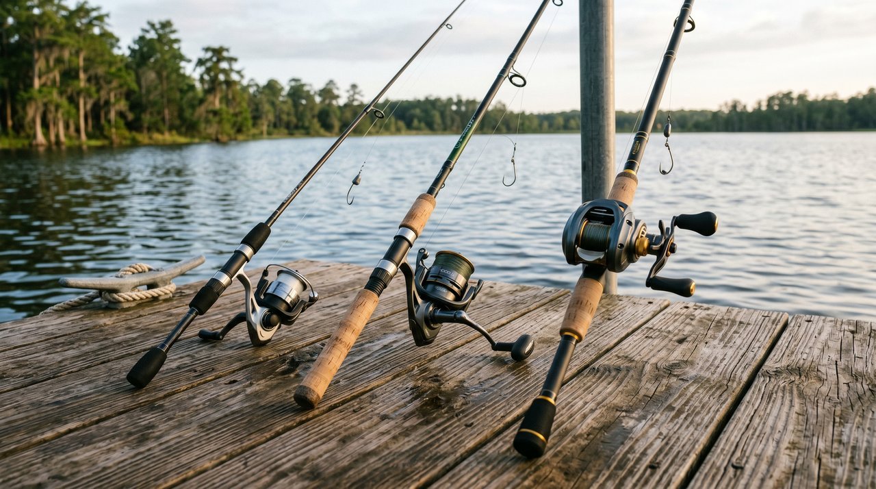 Catfish rod and reel combo budget tier comparison Three catfish rod and reel combos side by side showing budget, mid-range, and premium tiers