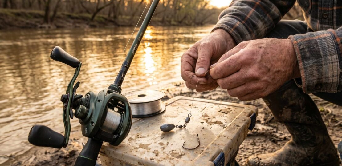 Catfish rig setup guide – slip sinker assembly at river bank