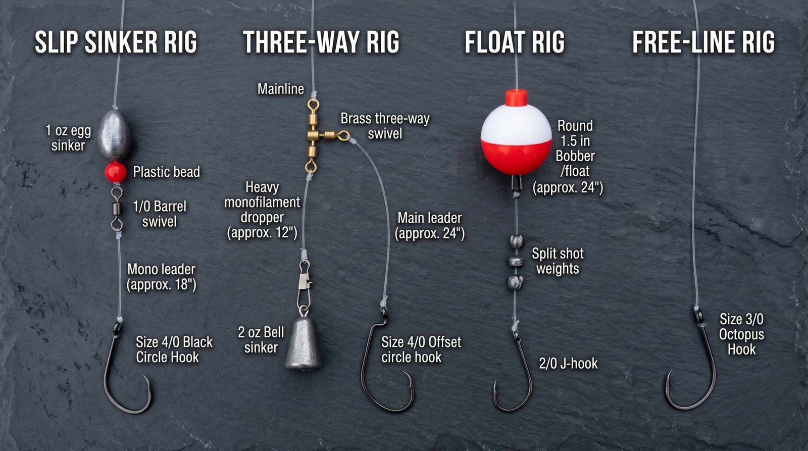 Four catfish rig types side by side on dark slate: slip sinker rig, three-way rig, float rig, and free-line rig