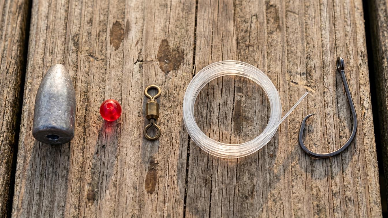 Catfish slip sinker rig components laid out in order: egg sinker, bead, barrel swivel, monofilament leader, and circle hook