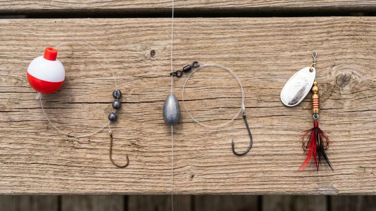 Three core trout fishing rigs laid on a wooden dock - bobber rig, sliding sinker rig, and inline spinner setup