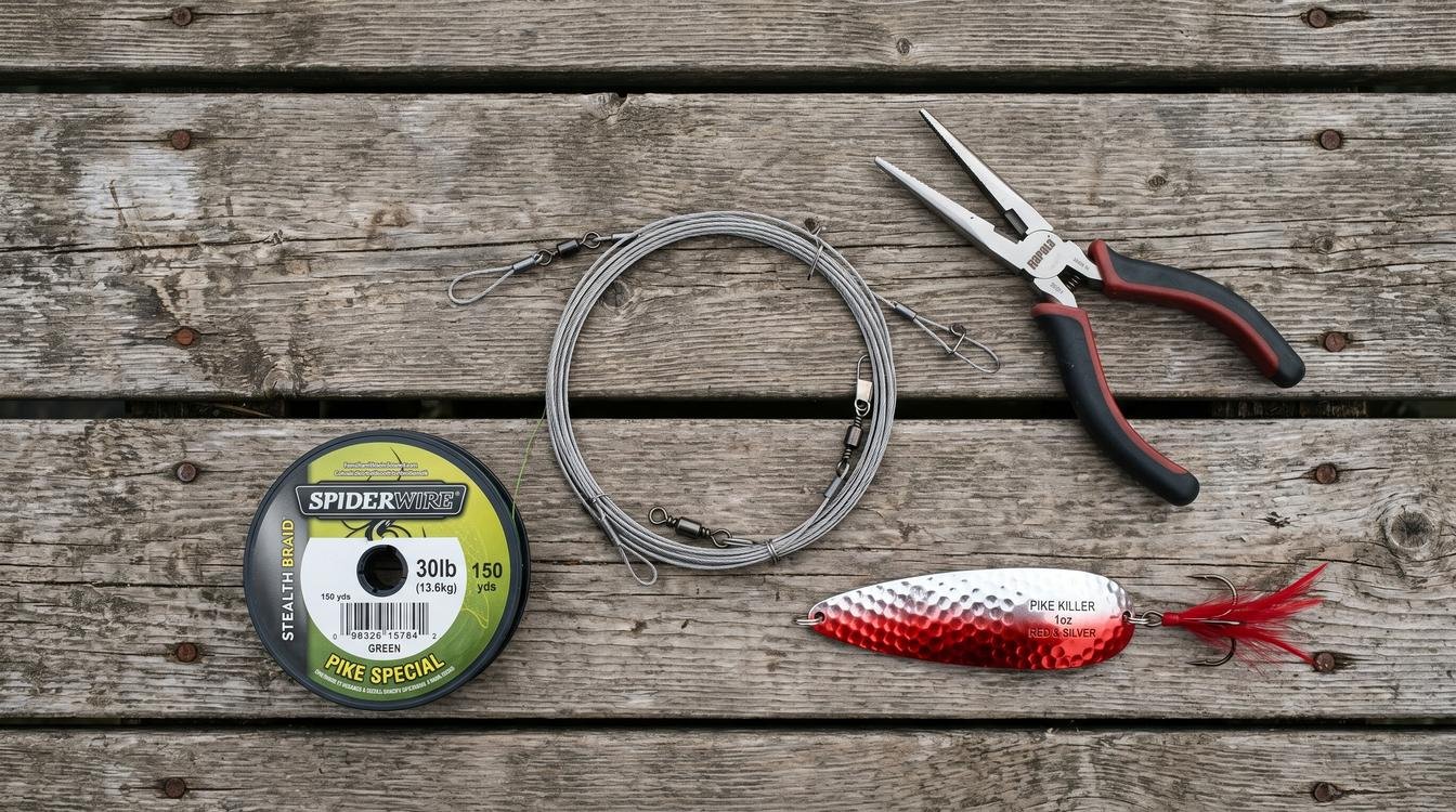 Northern pike fishing wire leader tackle setup including steel leader, braided line, pliers, and spoon lure