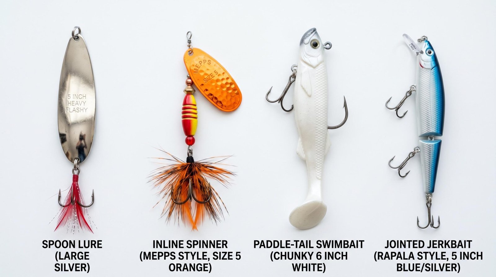 Four northern pike lure types side by side: silver spoon, inline spinner, paddle-tail swimbait, and jerkbait