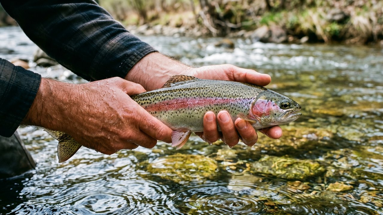 Wet hands cradling a vivid rainbow trout just above the water surface for proper catch and release