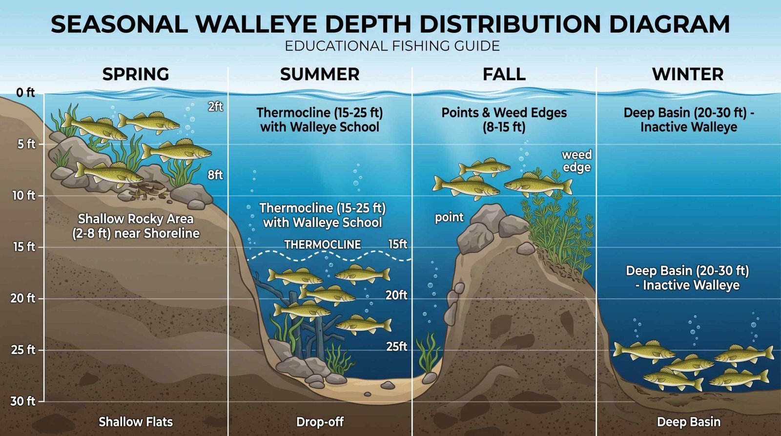 Diagram showing walleye holding depth by season: shallow 2-8 feet in spring, 15-30 feet deep in summer, returning shallower in fall and winter