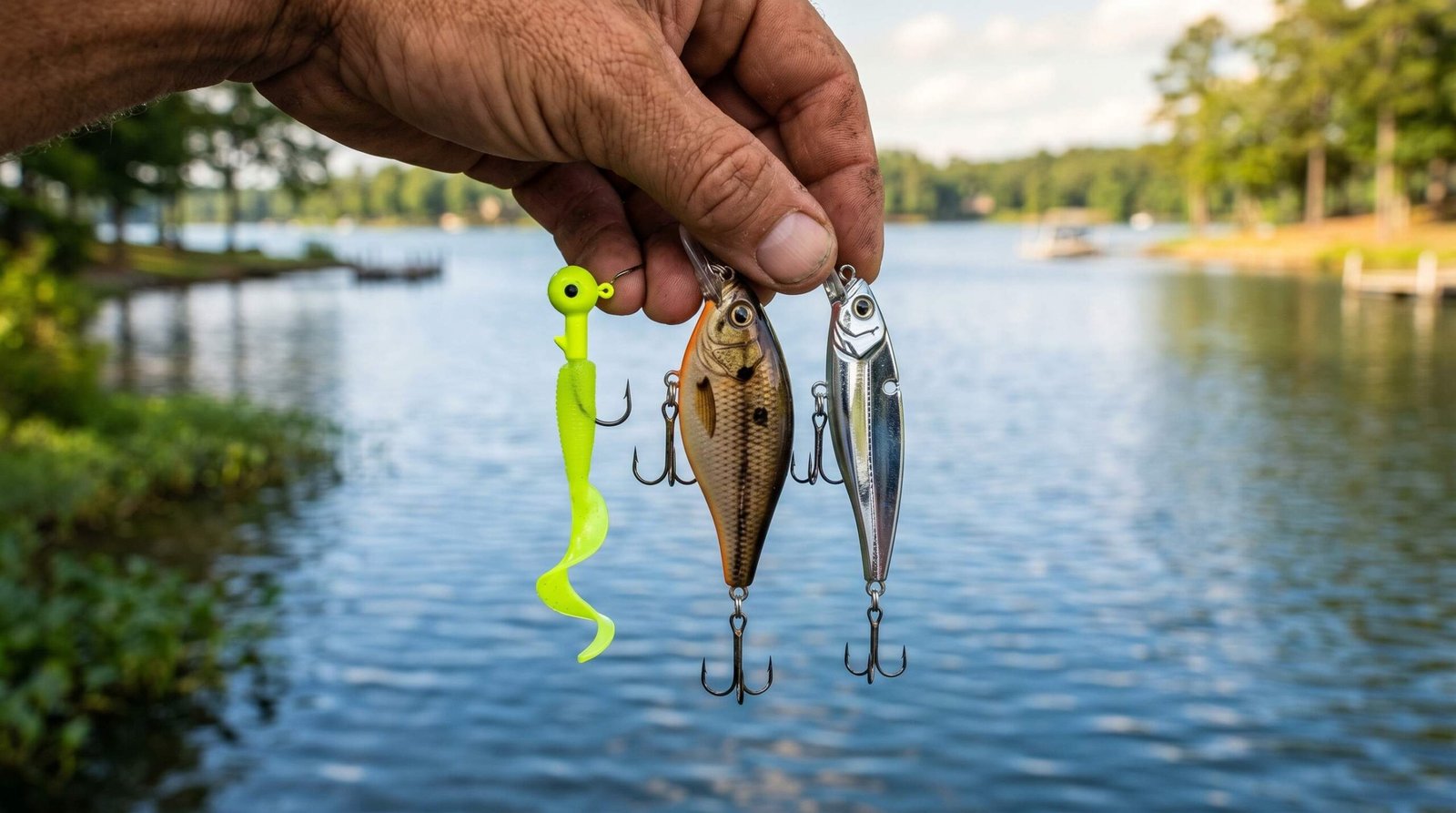 Three common walleye lure types held side by side: chartreuse jig with grub trailer, natural shad crankbait, and silver blade bait