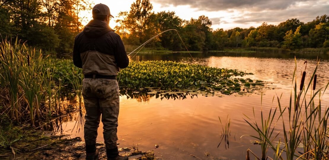 Best pike lures – angler casting into pike habitat at golden hour