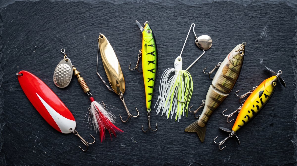 Seven different northern pike lures arranged as flat lay: spoon, spinner, weedless spoon, jerkbait, spinnerbait, swimbait, and topwater prop bait