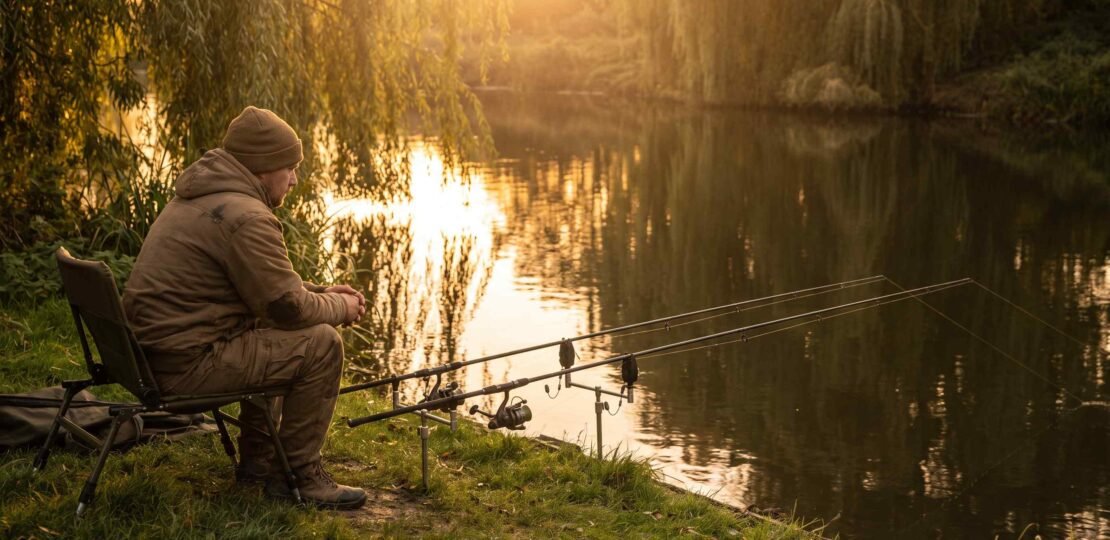 Carp angler at golden hour riverside