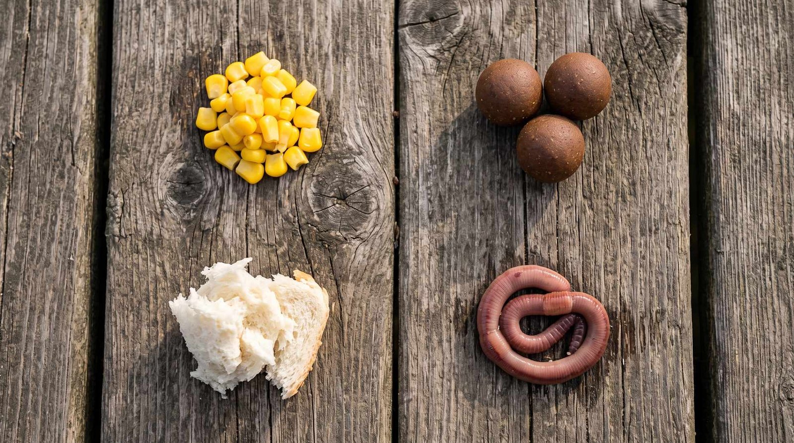 Common carp bait options corn boilies bread nightcrawler Four common carp baits arranged on weathered wood: yellow corn kernels, brown boilies, white bread, and a nightcrawler worm