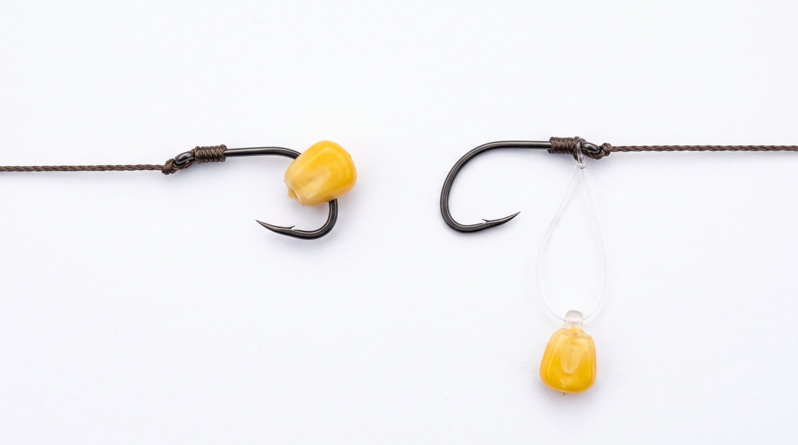 Hair rig versus plain hook carp fishing setup Side-by-side comparison of a plain hook with corn versus a hair rig with corn hanging below the hook