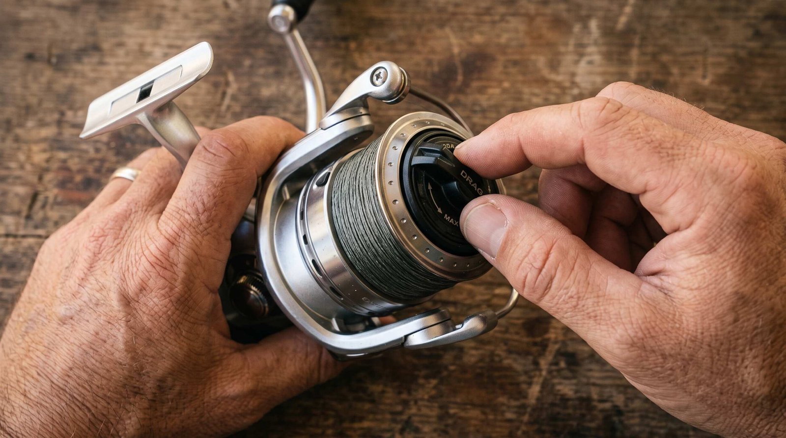 Hands demonstrating how to set the drag knob on a spinning reel for trout fishing