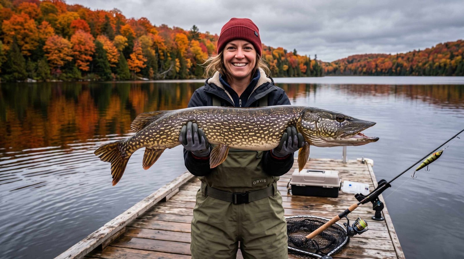 Angler holding large northern pike with autumn fall foliage reflected in water behind them