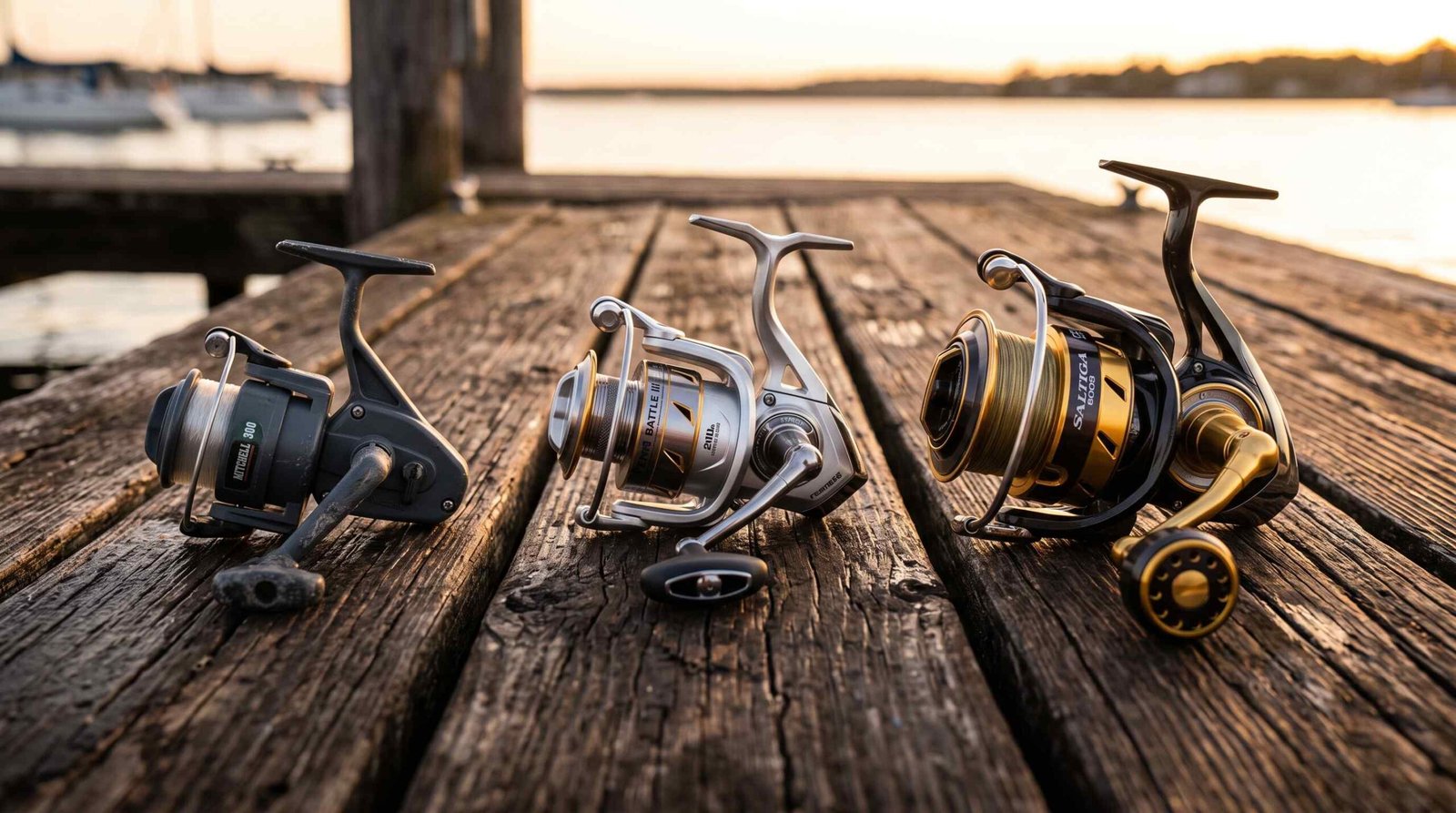 Three spinning reels side by side showing budget, mid-range, and premium options for trout fishing