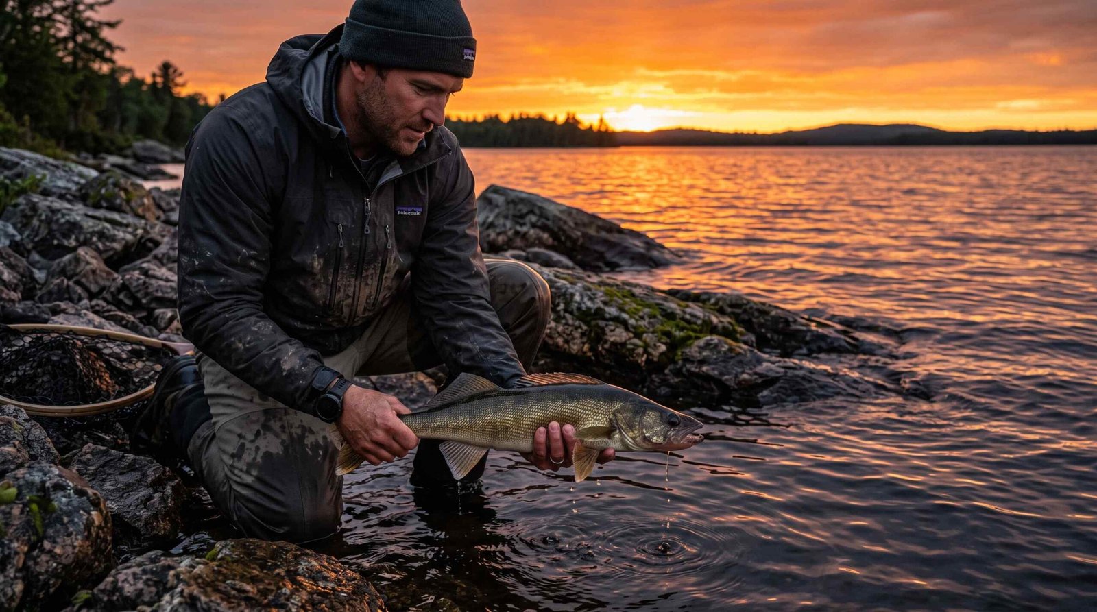 Walleye Caught from Shore at Dusk Angler holding a walleye caught from shore at dusk for catch-and-release