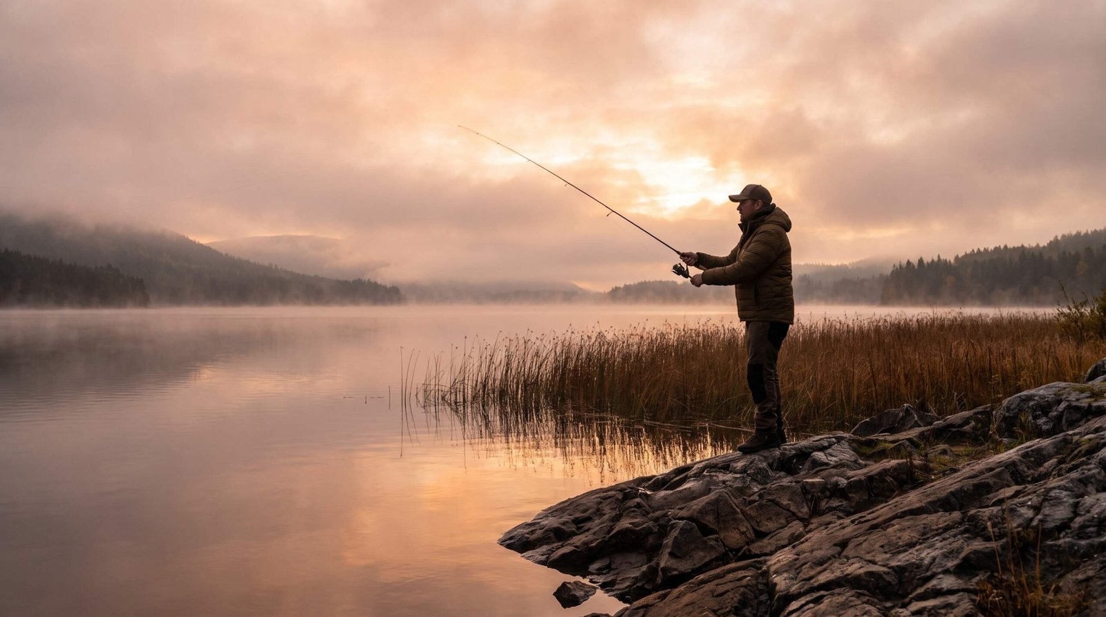Walleye Shore Fishing at Dawn Angler casting from rocky shoreline at dawn for walleye fishing