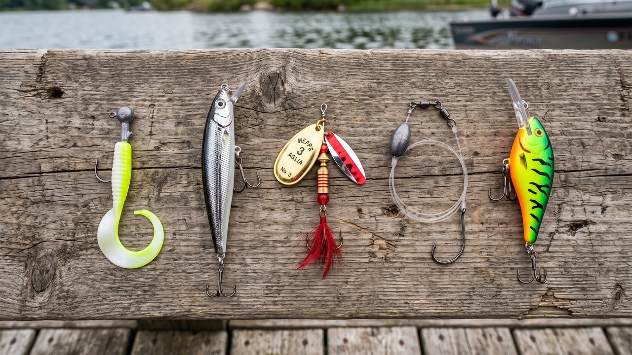 Walleye Shore Fishing Lures Comparison Walleye fishing lures for shore fishing arranged on dock: jig, jerkbait, spinner, bottom rig, and crankbait