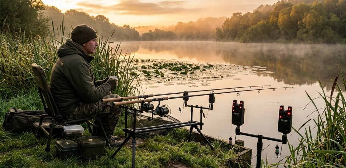 Carp fishing setup at golden hour