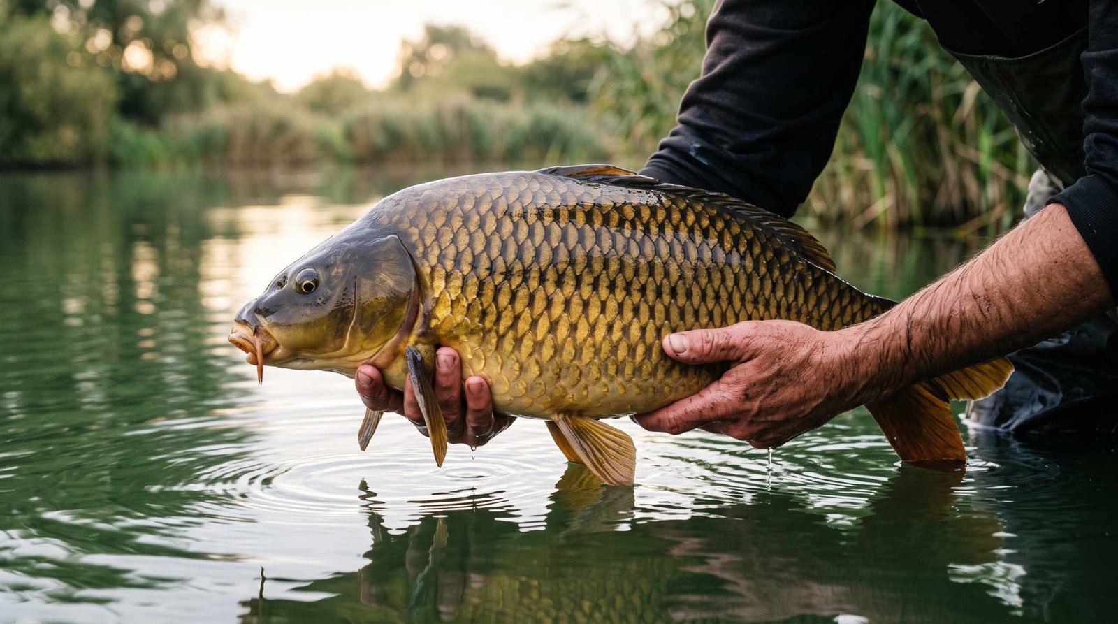 Common carp catch and release Angler holding a large common carp with golden-bronze scales over a calm green lake for catch and release