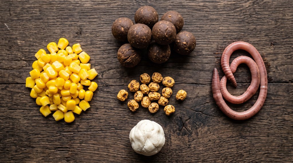 Five popular carp bait types compared Flat lay comparison of five carp baits: sweet corn, boilies, tiger nuts, nightcrawler, and bread paste