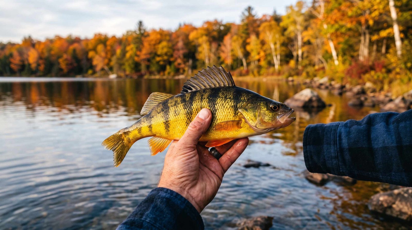 Yellow Perch Catch - Golden Perch with Vertical Stripes Angler holding a vibrant golden yellow perch with dark vertical stripes just caught from a fall lake