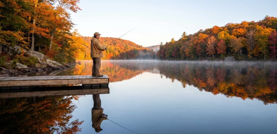 Yellow Perch Fishing – Fall Angler on Dock at Sunrise