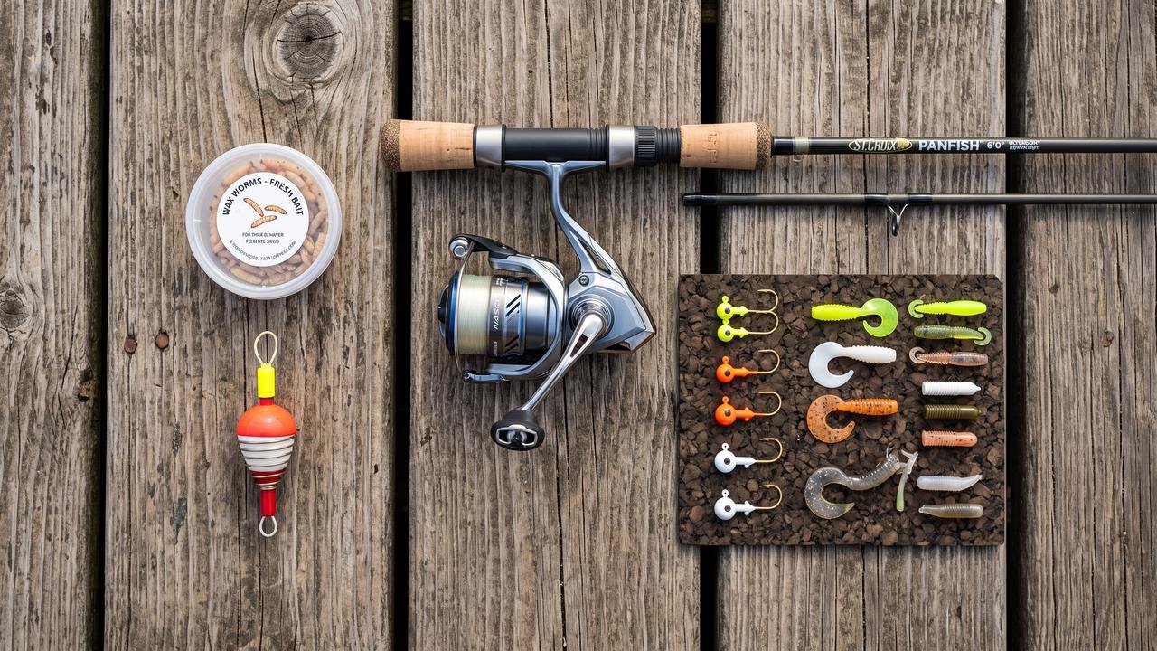 Yellow Perch Fishing Tackle - Jig Heads and Ultralight Gear Ultralight perch fishing tackle flat lay showing jig heads, soft plastic grubs, small bobber, and wax worms on a dock
